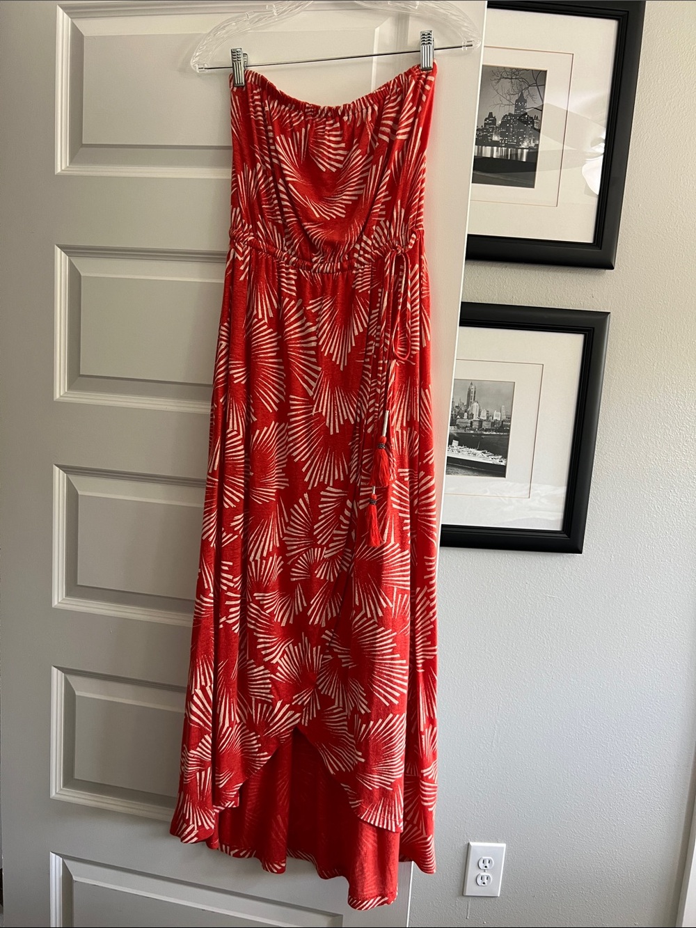 Lucky Brand Strapless Coral Maxi Dress with Cream Fan Print